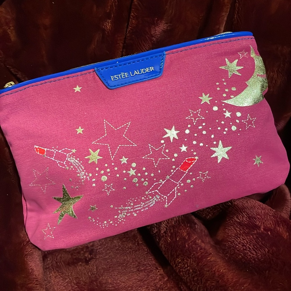 Estee Lauder 10” cosmetic makeup toiletry case zipper bag Metallic Moon & Stars